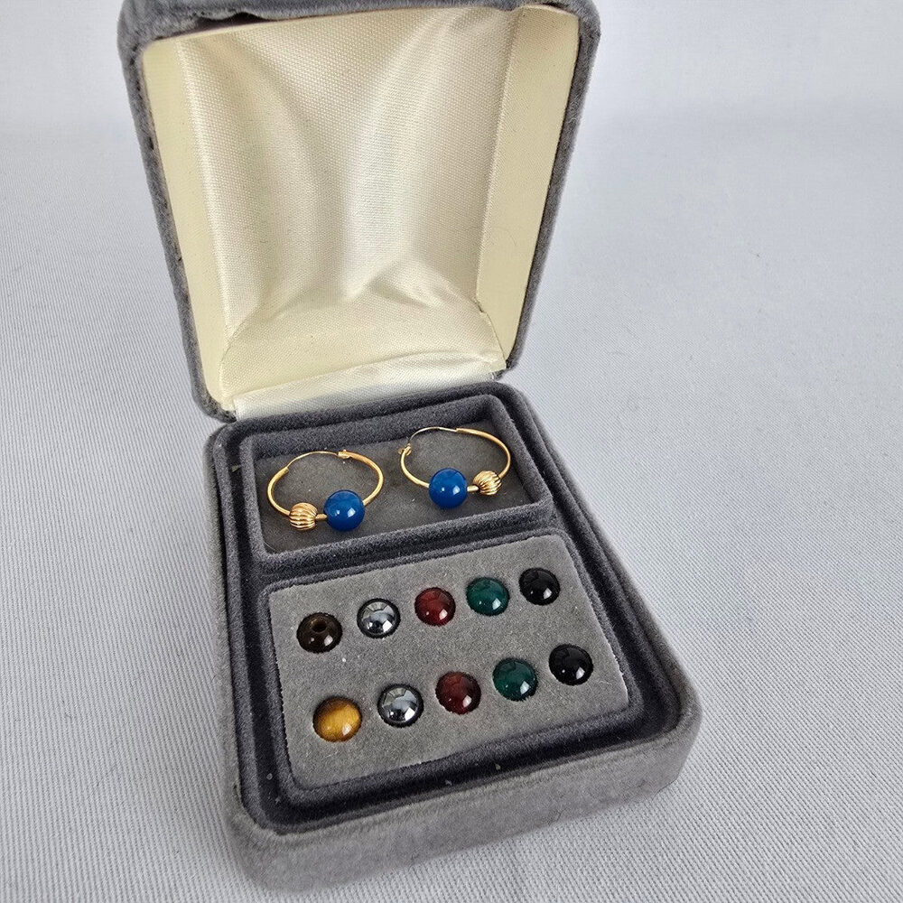 Vintage 14KT Yellow Gold Hoop Earrings 6 Sets of Natural Stone Beads
